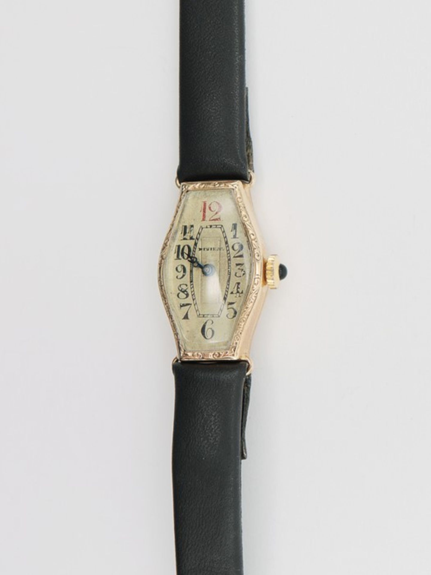 DamenarmbanduhrGG 585, Gehäuse: ca.1,5 x 2,5cm, goldfarbenes Zifferblatt, arab. Ziffern, Handaufzug, - Bild 2 aus 3