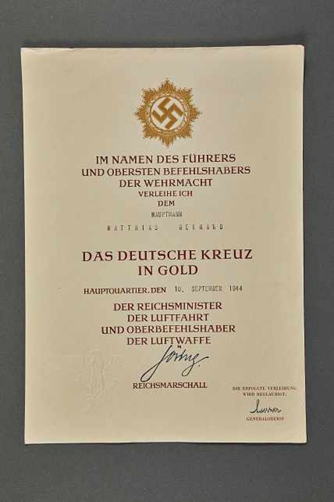 Deutsches Reich 1933 - 1945 - General Awards - Deutsches Kreuz : Document Grouping to Captain