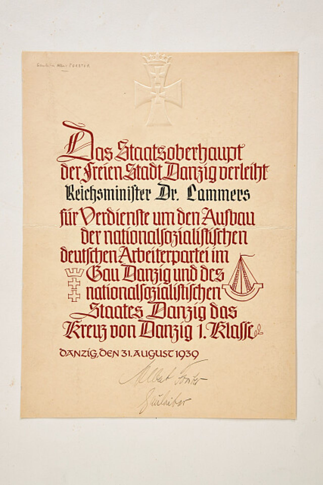 Deutsches Reich 1933 - 1945 - Orden und Ehrenzeichen - Freie Stadt Danzig : Danziger-Kreuz 1. Klasse - Bild 2 aus 3