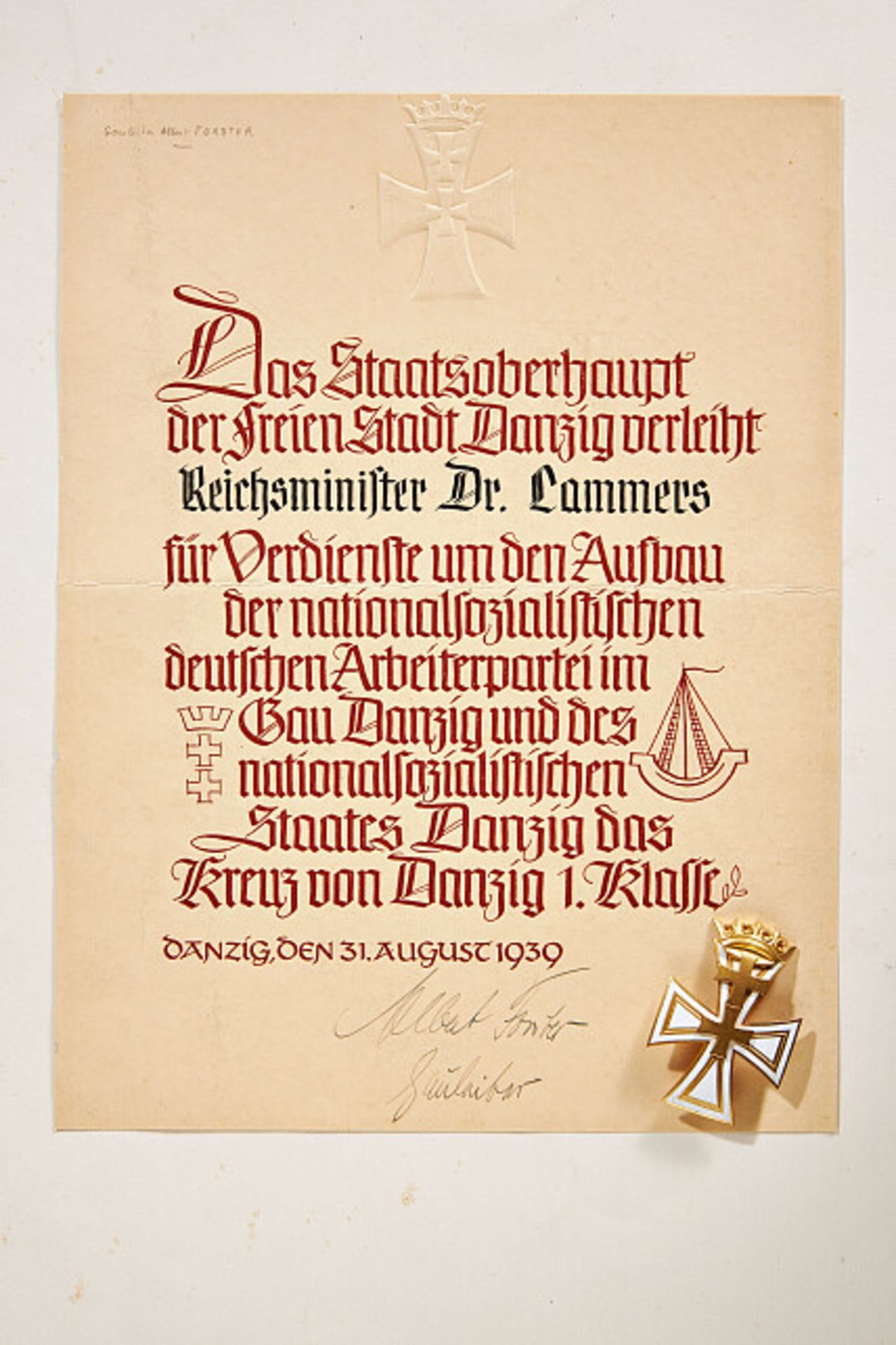Deutsches Reich 1933 - 1945 - Orden und Ehrenzeichen - Freie Stadt Danzig : Danziger-Kreuz 1. Klasse