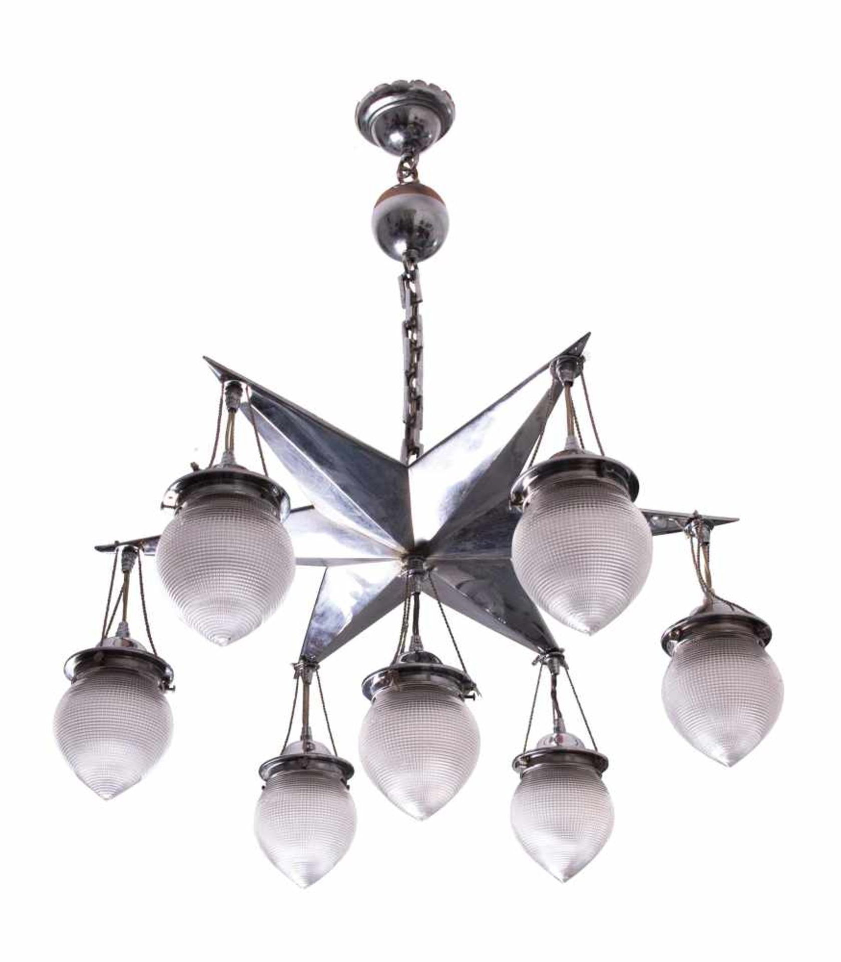 Art déco Deckenlampe um 1925sternenförmig, Messing verchromt, geschliffene Kristallschalen an