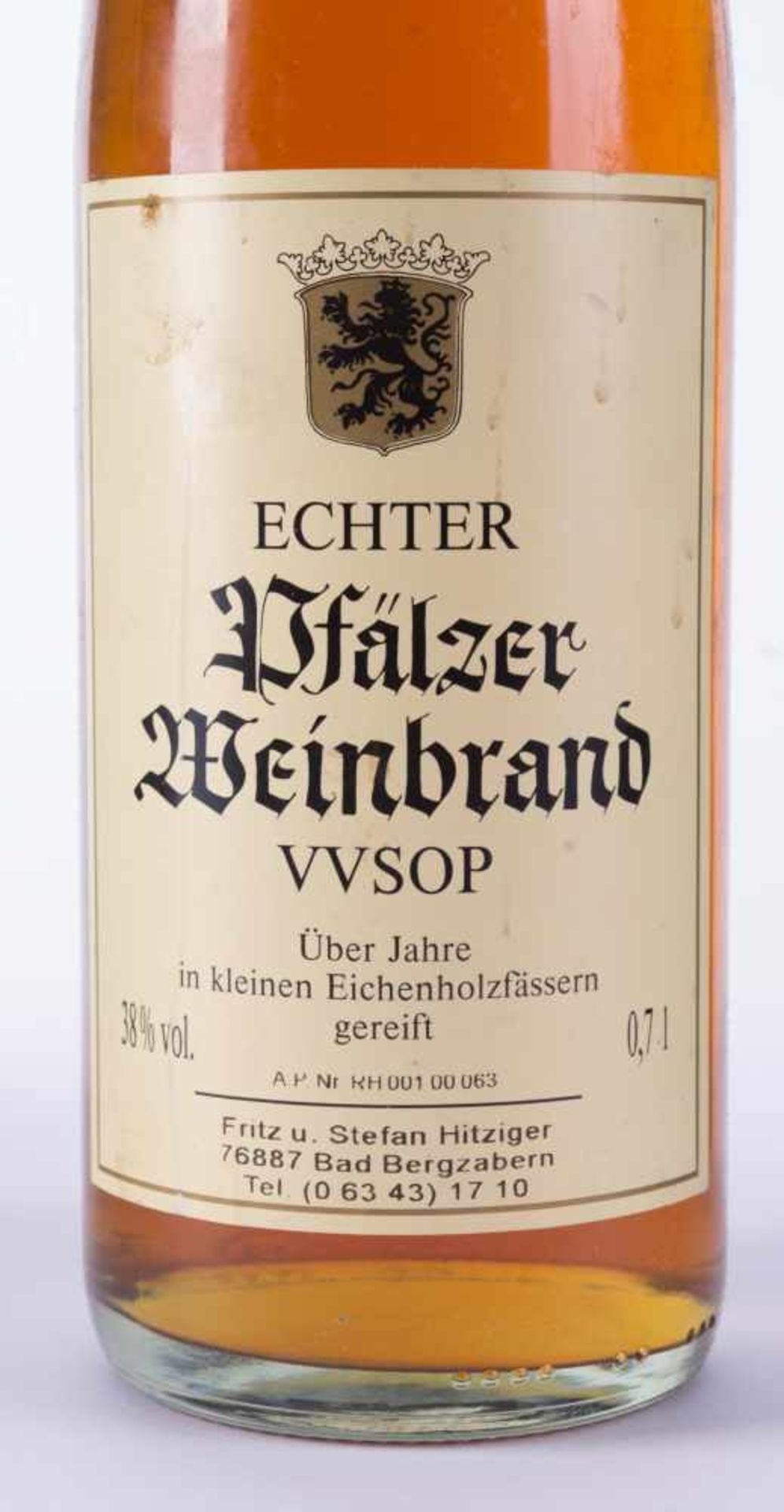 Pfälzer Weinbrand 1970er JahreFüllstand normal, Etikett im guten Zustand, 0,7 lPalatine Brandy - Bild 3 aus 3