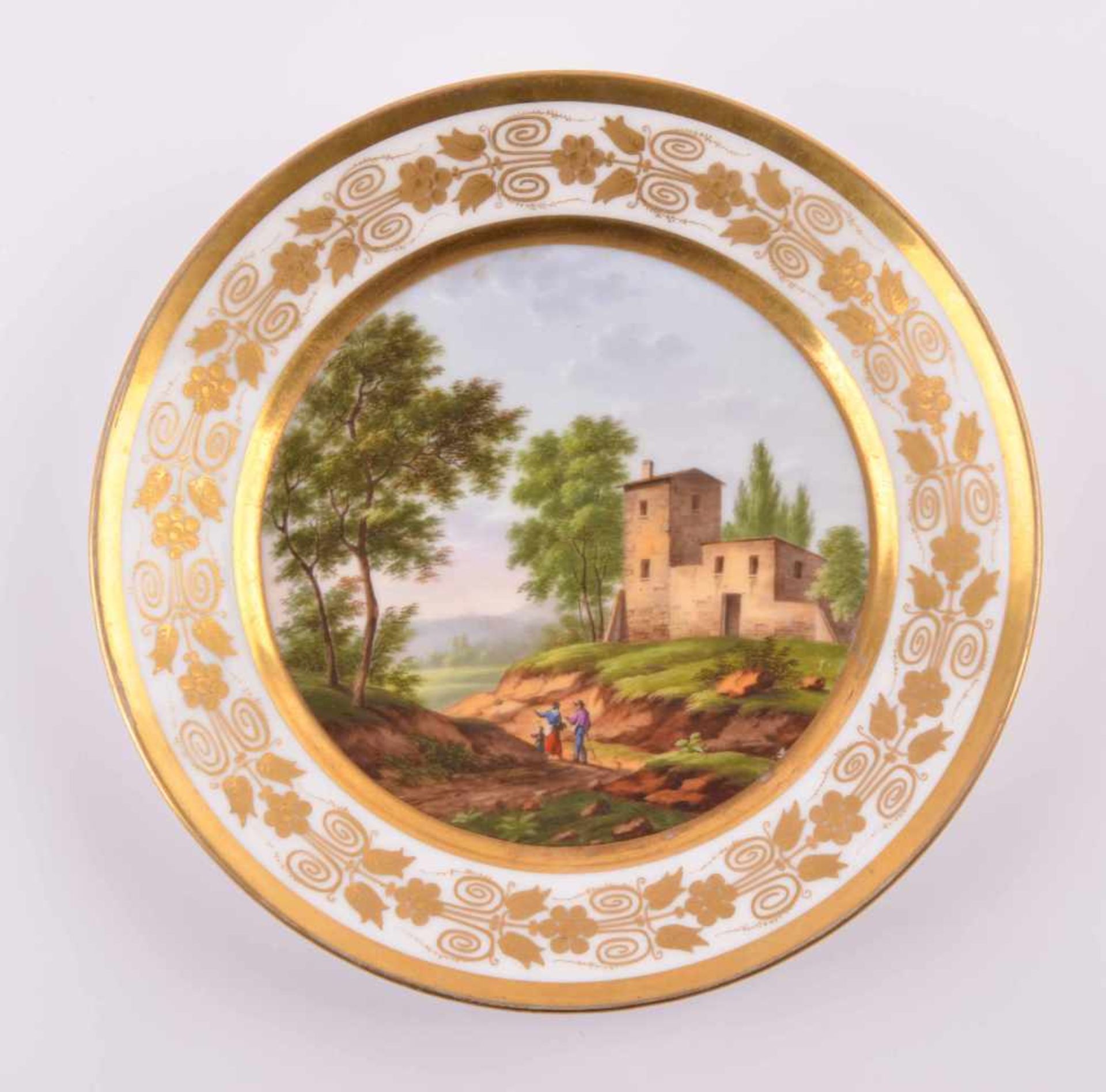 Biedermeier Ansichtentellerim Spiegel farbig staffiert mit Landschaftsdekor, goldstaffiert, Ø 22