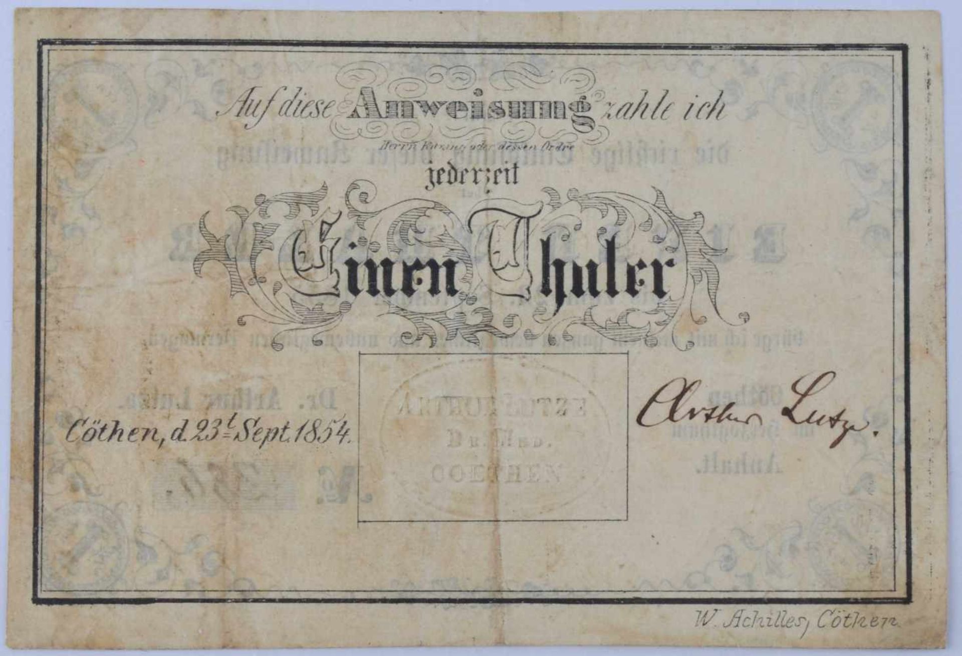 Deutschland, 1 Thaler Cöthen (Köthen) 23.09.1854Geldschein Dr. Arthur Lutze, Erhaltung II - - Bild 2 aus 2