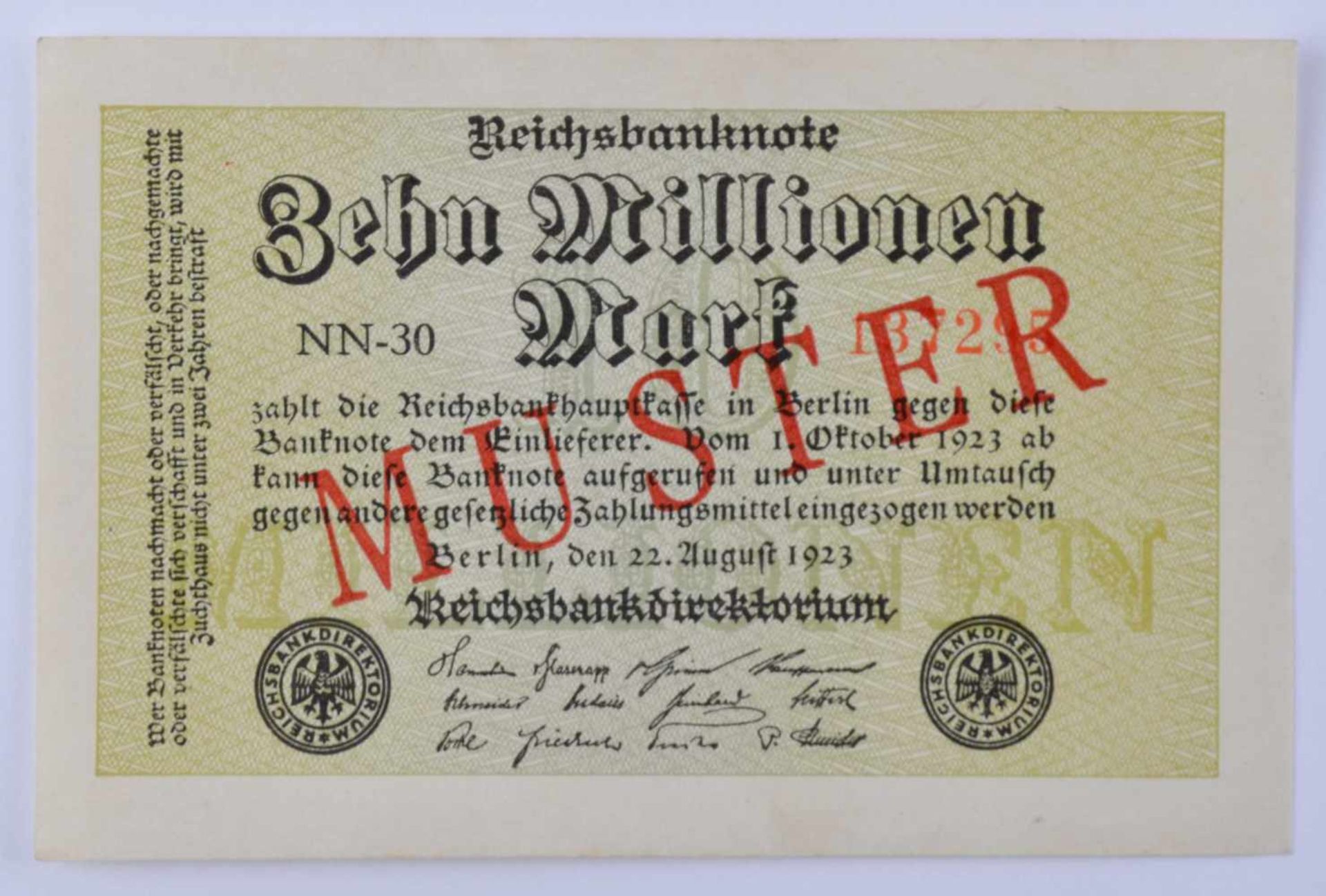 Deutschland, 10 Mio Mark 22.08.1923Reichsbanknote, mit diagonalem roten Aufdruck-Muster auf