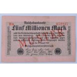 Deutschland, 5 Millionen Mark 20.08.1923Reichsbanknote, mit diagonalem roten Aufdruck-Muster auf