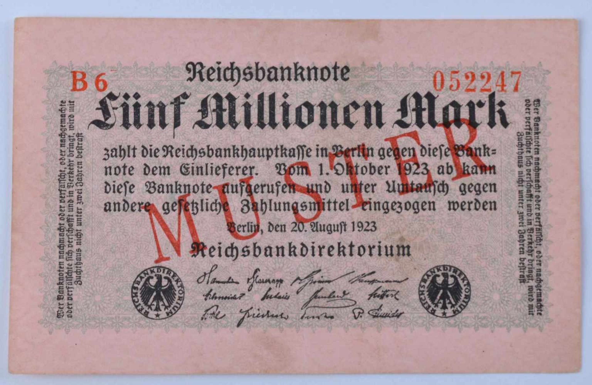 Deutschland, 5 Millionen Mark 20.08.1923Reichsbanknote, mit diagonalem roten Aufdruck-Muster auf