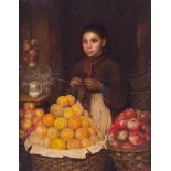 Jonathan PRATT (1835-1911)"Obstverkäuferin beim Stricken"Gemälde Öl/Hartfaser, 46 cm x 36 cm,