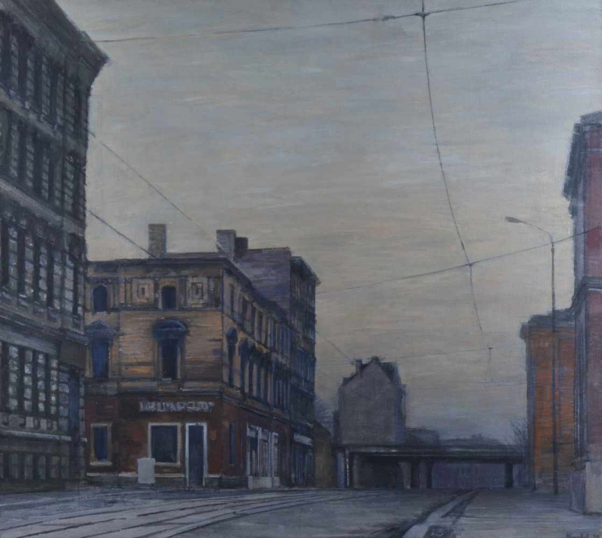 Konrad KNEBEL (1932)"Straße in Halle"Gemälde Öl/Leinwand, 90 cm x 100 cm,rechts unten signiert,