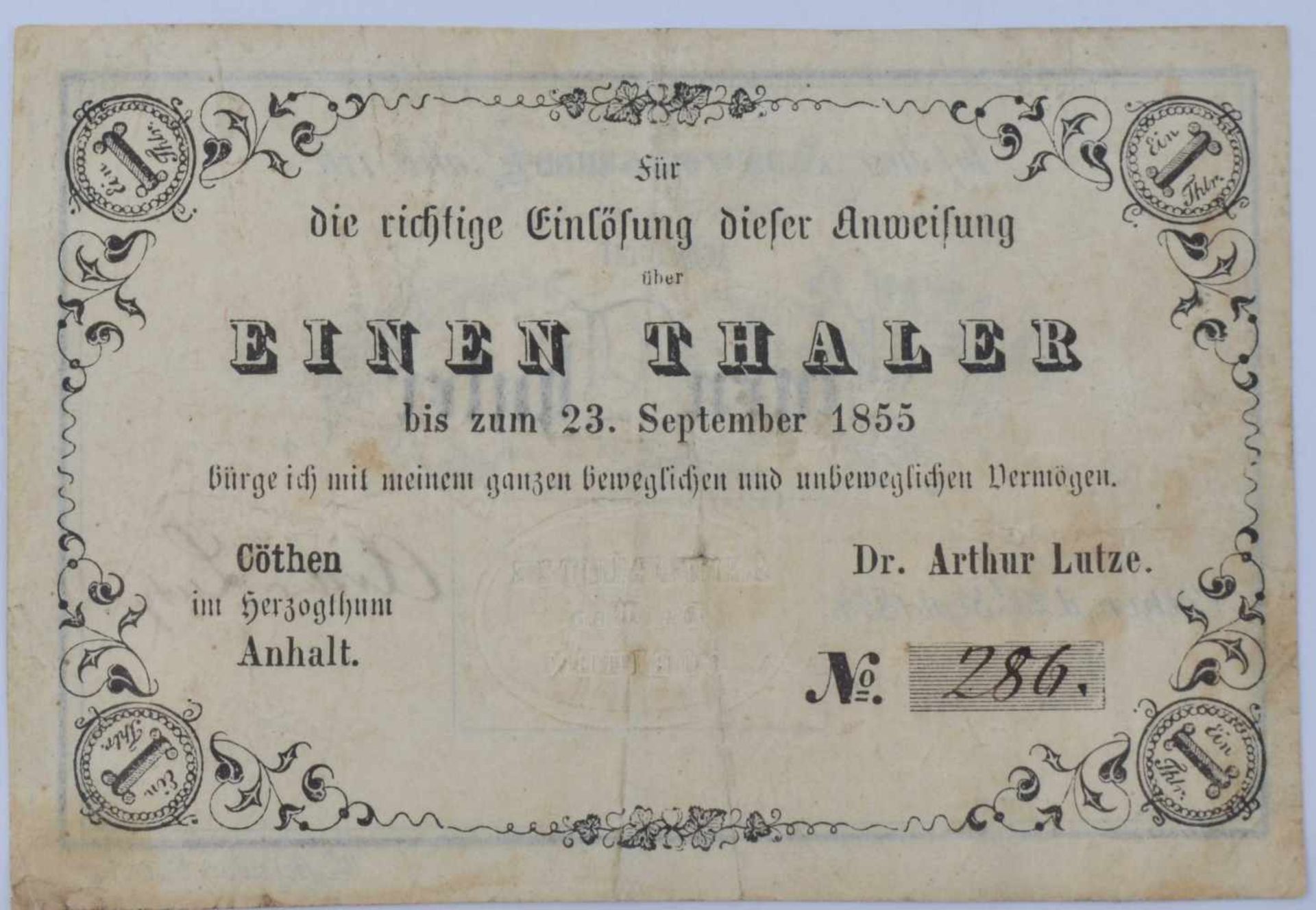 Deutschland, 1 Thaler Cöthen (Köthen) 23.09.1854Geldschein Dr. Arthur Lutze, Erhaltung II -