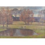Peter HOUGAARD (1882-1956)"Schafe am Weiher"Gemälde Öl/Leinwand, 68 cm x 95 cm, gerahmt 76 cm x