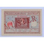 Deutschland, 2 Mark 01.03.1920Darlehenskassenschein, rotes Siegel, mit diagonalem roten Aufdruck-