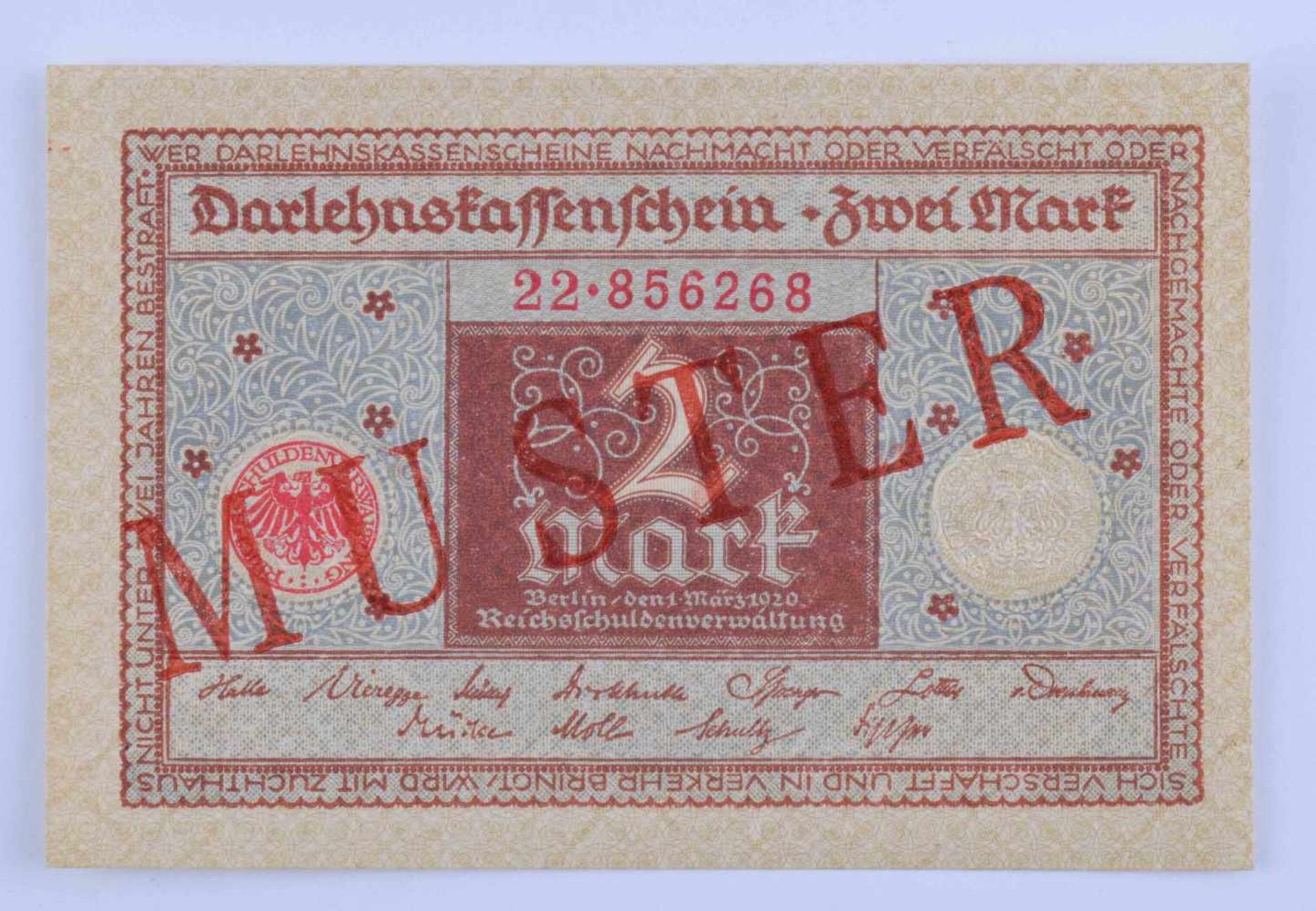 Deutschland, 2 Mark 01.03.1920Darlehenskassenschein, rotes Siegel, mit diagonalem roten Aufdruck-