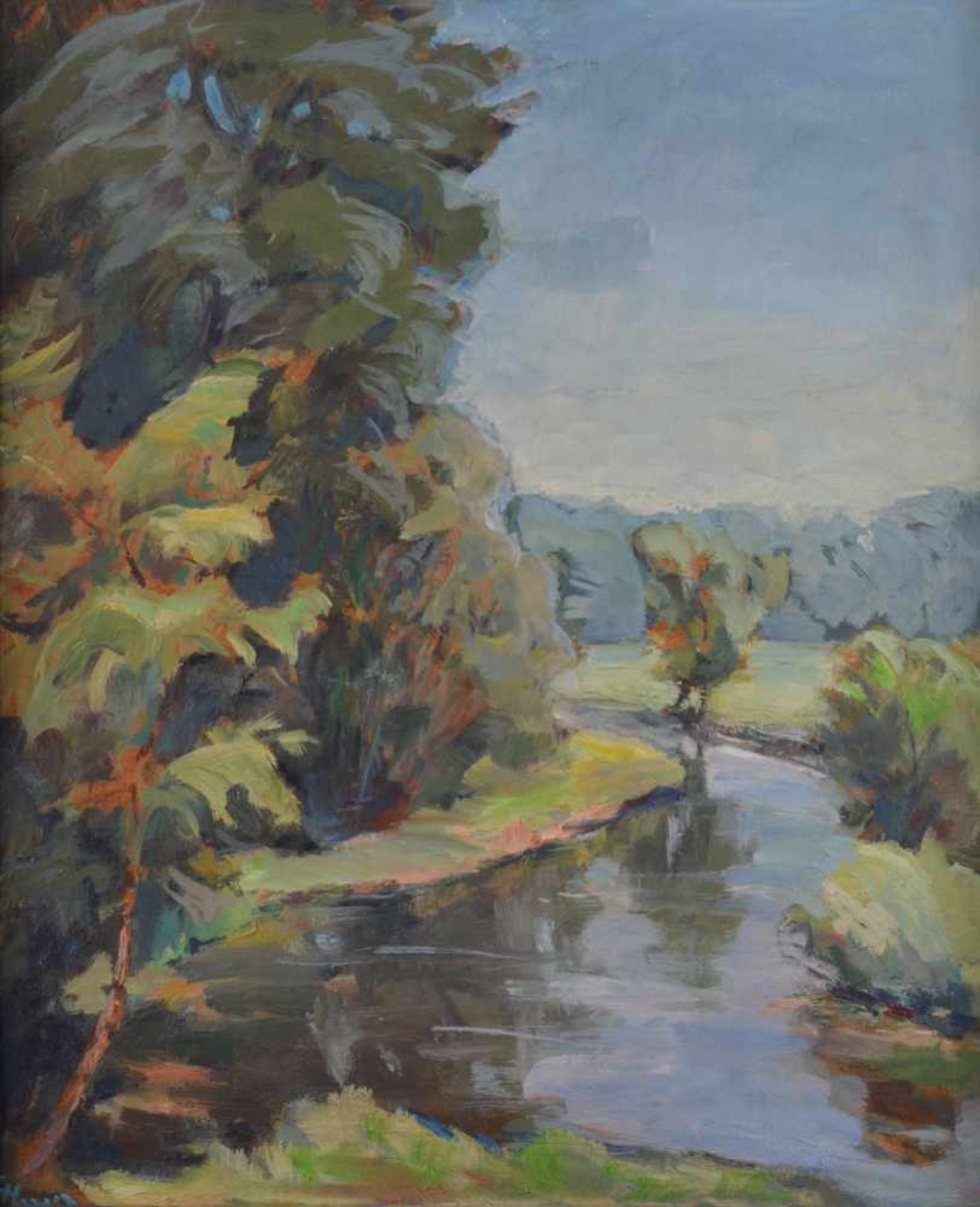 Künstler des 20. Jhd."Flusslandschaft"Gemälde Öl/Hartfaser, 43,5 cm x 38,5 cm,links unten ungedeutet