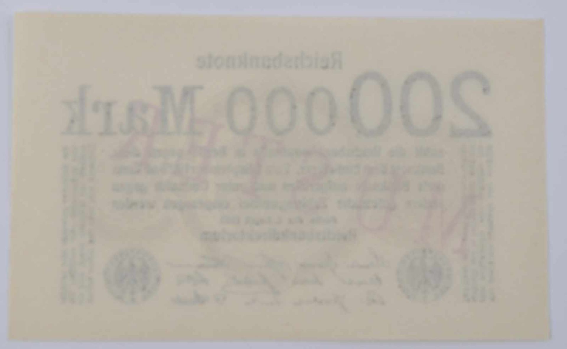 Deutschland, 200000 Mark 09.08.1923Reichsbanknote, mit diagonalem roten Aufdruck-Muster auf - Bild 2 aus 2