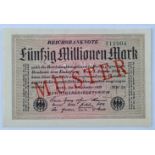 Deutschland, 50 Millionen Mark 01.09.1923Reichsbanknote, mit diagonalem roten Aufdruck-Muster auf