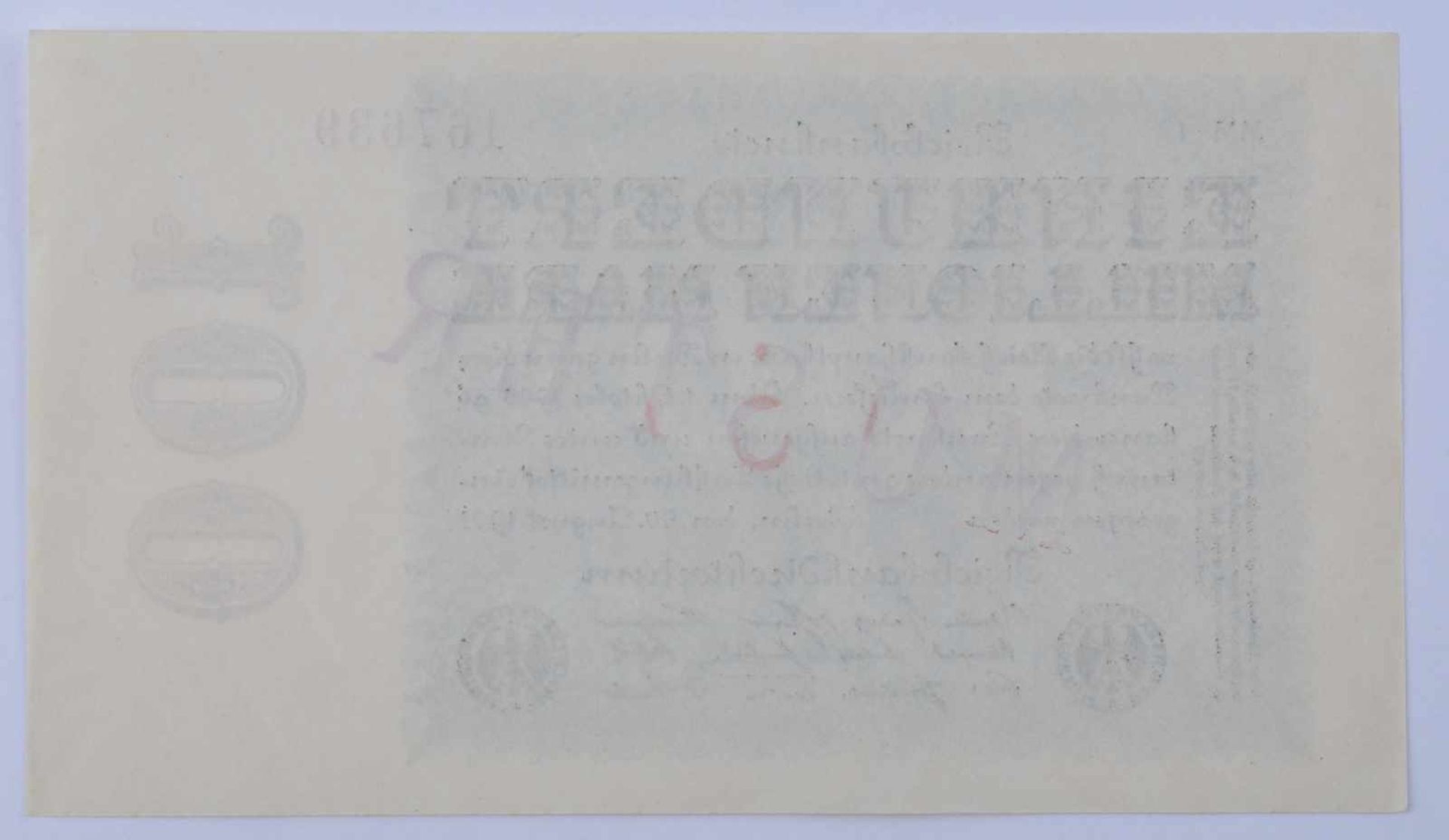 Deutschland, 100 Mio Mark 22.08.1923Reichsbanknote, mit diagonalem roten Aufdruck-Muster auf - Bild 2 aus 2