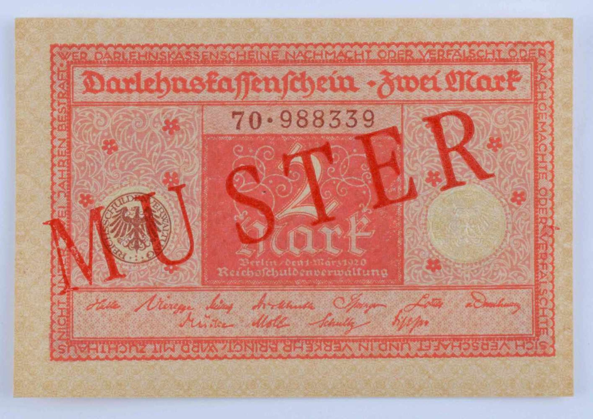 Deutschland, 2 Mark 01.03.1920Darlehenskassenschein, braunes Siegel, mit diagonalem roten Aufdruck-