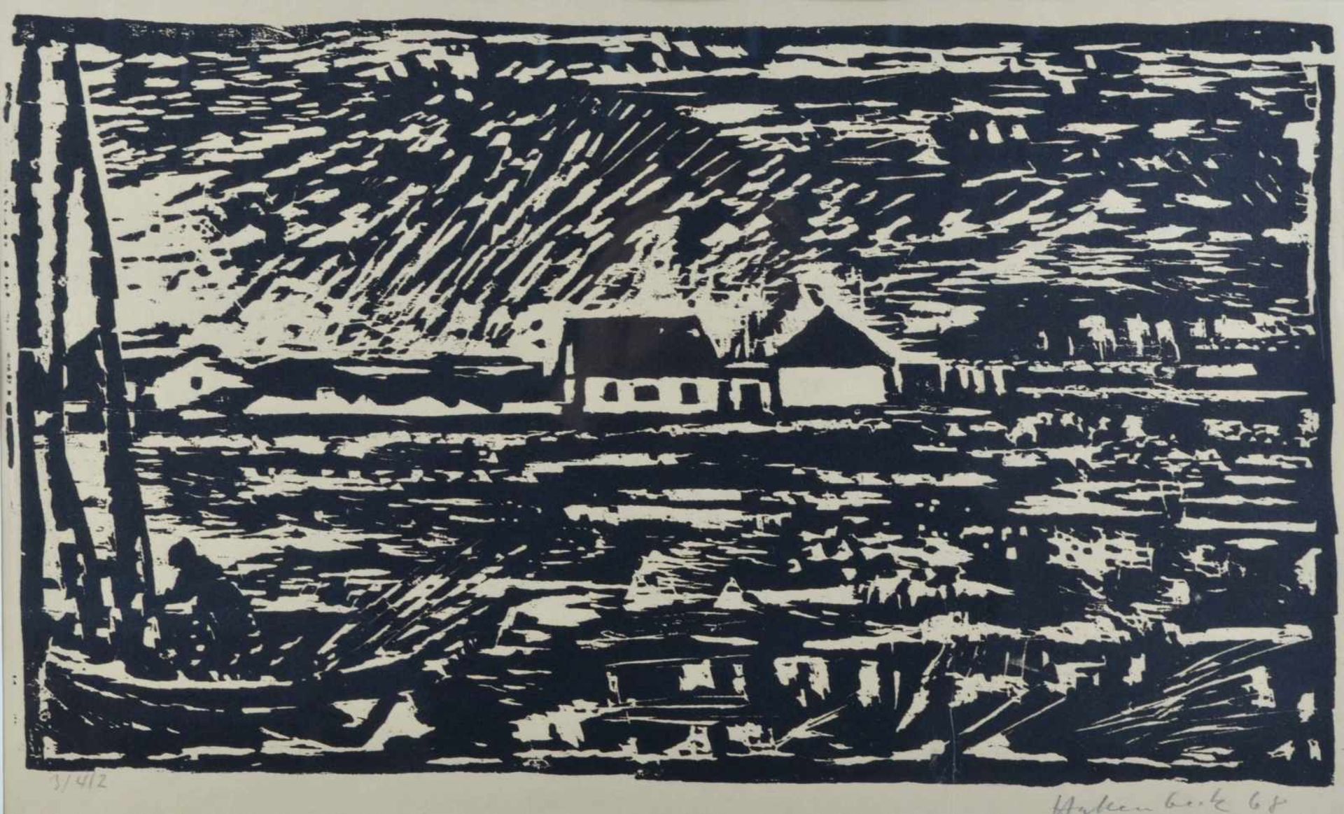 Harald HAKENBECK (1926)"Hiddensee"Grafik-Holzschnitt auf Tonpapier, Sichtmaß: 33 cm x 54,5 cm,