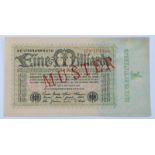 Deutschland, 1 Milliarde Mark 05.09.1923Reichsbanknote, mit diagonalem roten Aufdruck-Muster auf