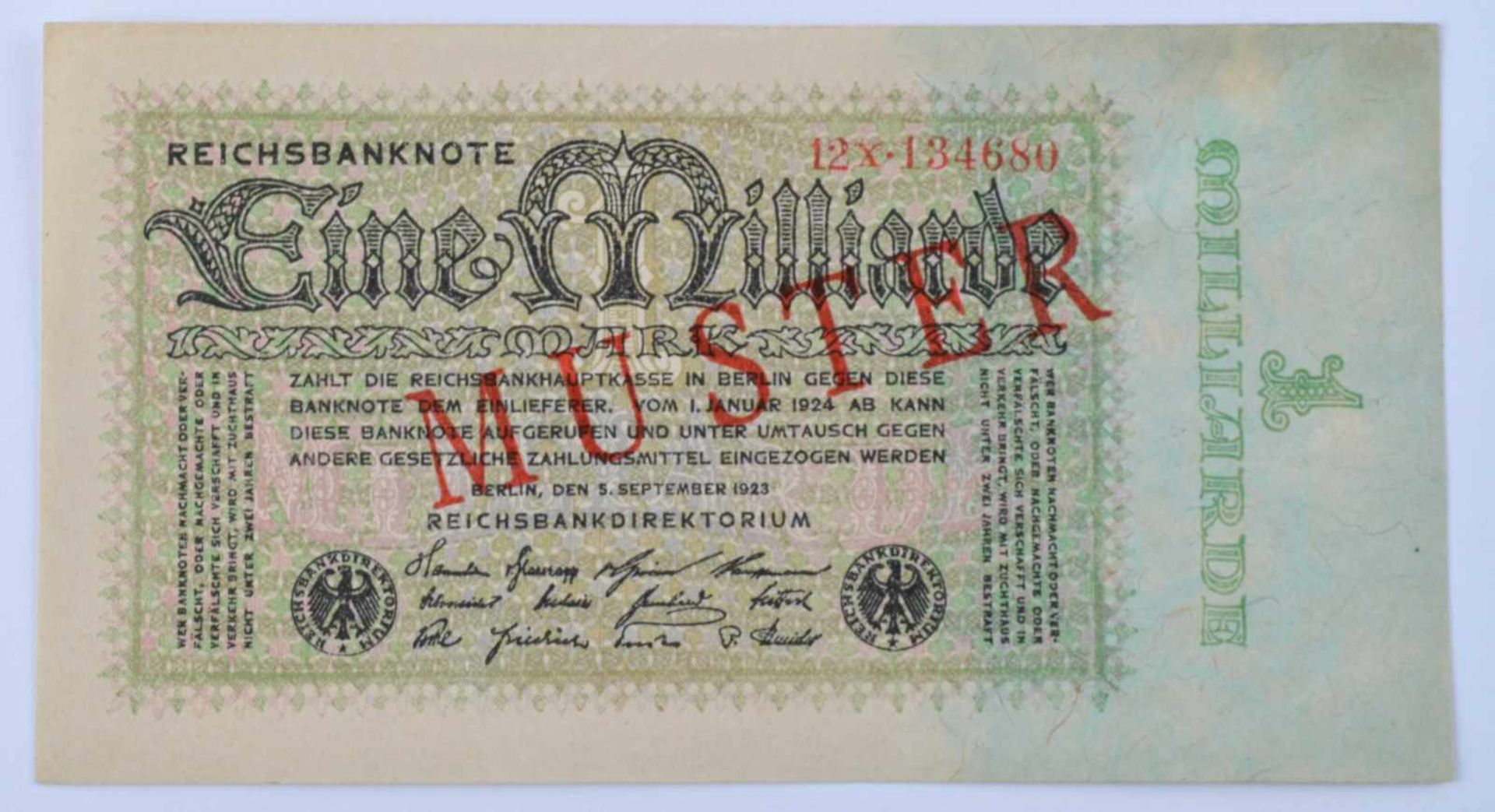 Deutschland, 1 Milliarde Mark 05.09.1923Reichsbanknote, mit diagonalem roten Aufdruck-Muster auf