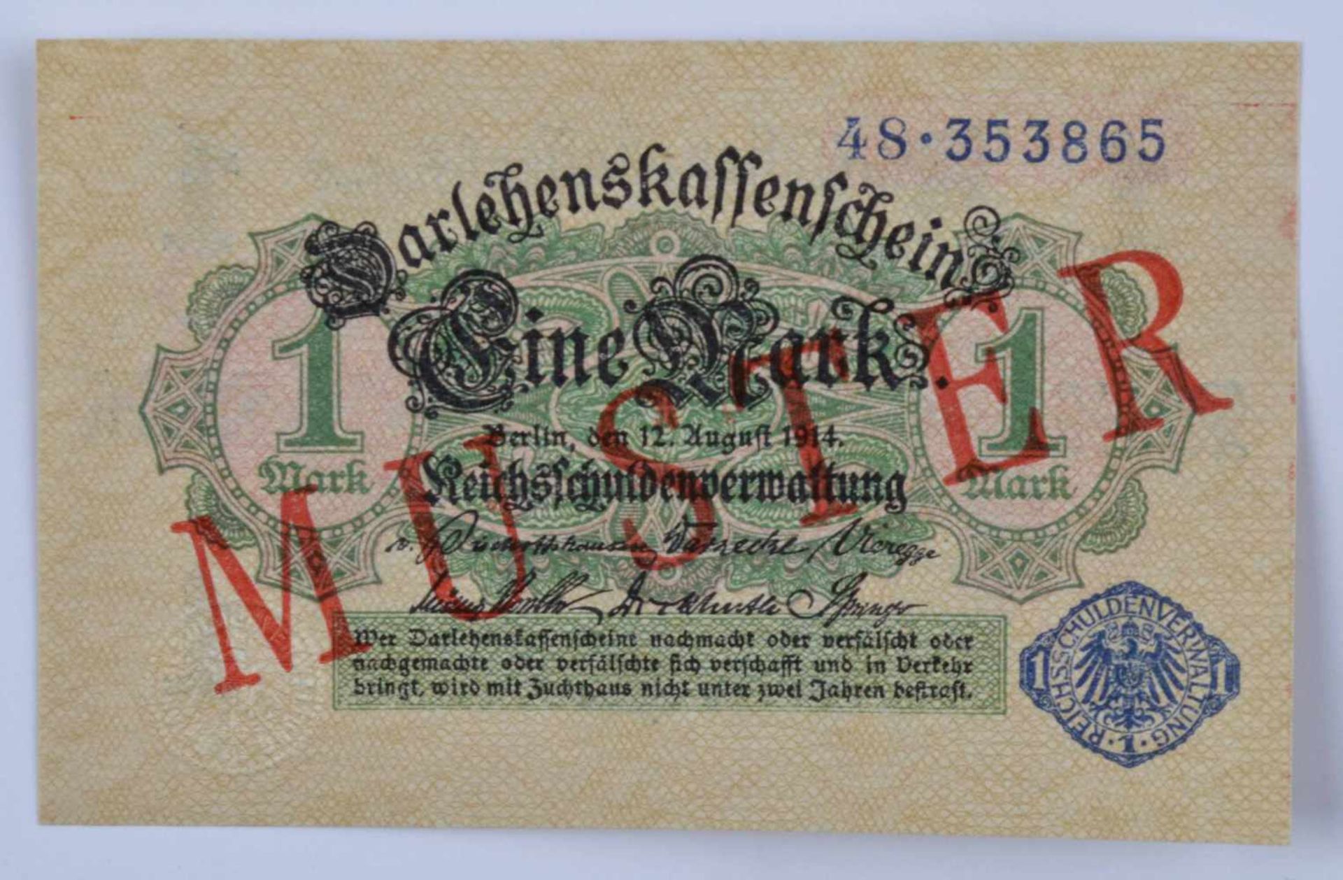 Deutschland, 1 Mark 12.08.1914Darlehenskassenschein, blaues Siegel, mit diagonalem roten Aufdruck-