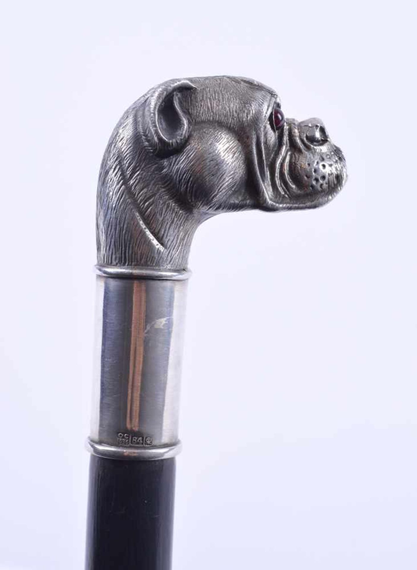 Spazierstock Russland um 1900Griff als Hundekopf, Silber 84 Zolotnik, Augen aus Granatcabochons, - Bild 3 aus 3