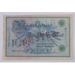 Deutschland, Reichsbanknote 100 Mark 07.02.1908mit diagonalem roten Aufdruck-Muster auf Vorder-