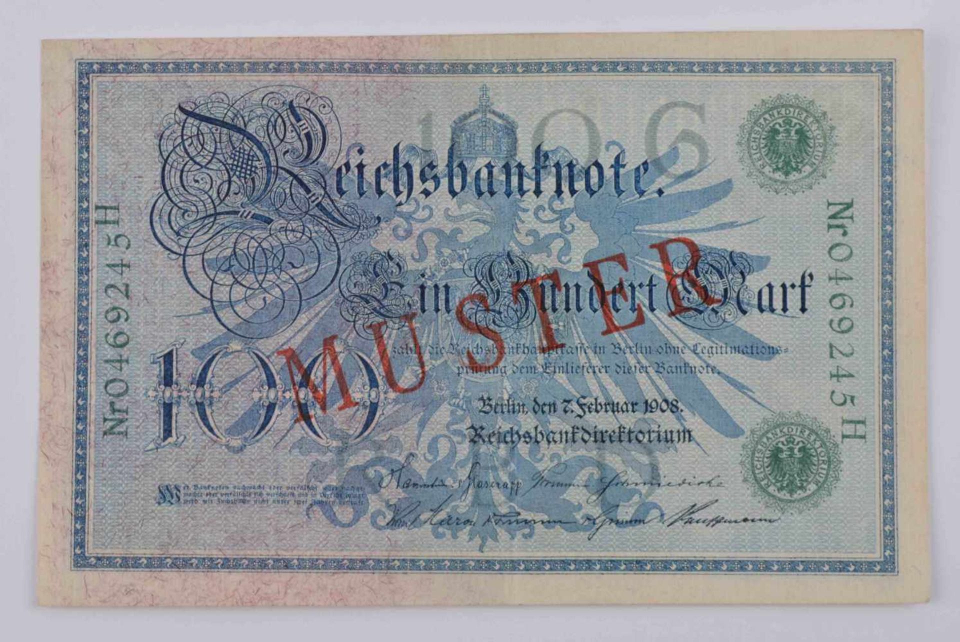 Deutschland, Reichsbanknote 100 Mark 07.02.1908mit diagonalem roten Aufdruck-Muster auf Vorder-