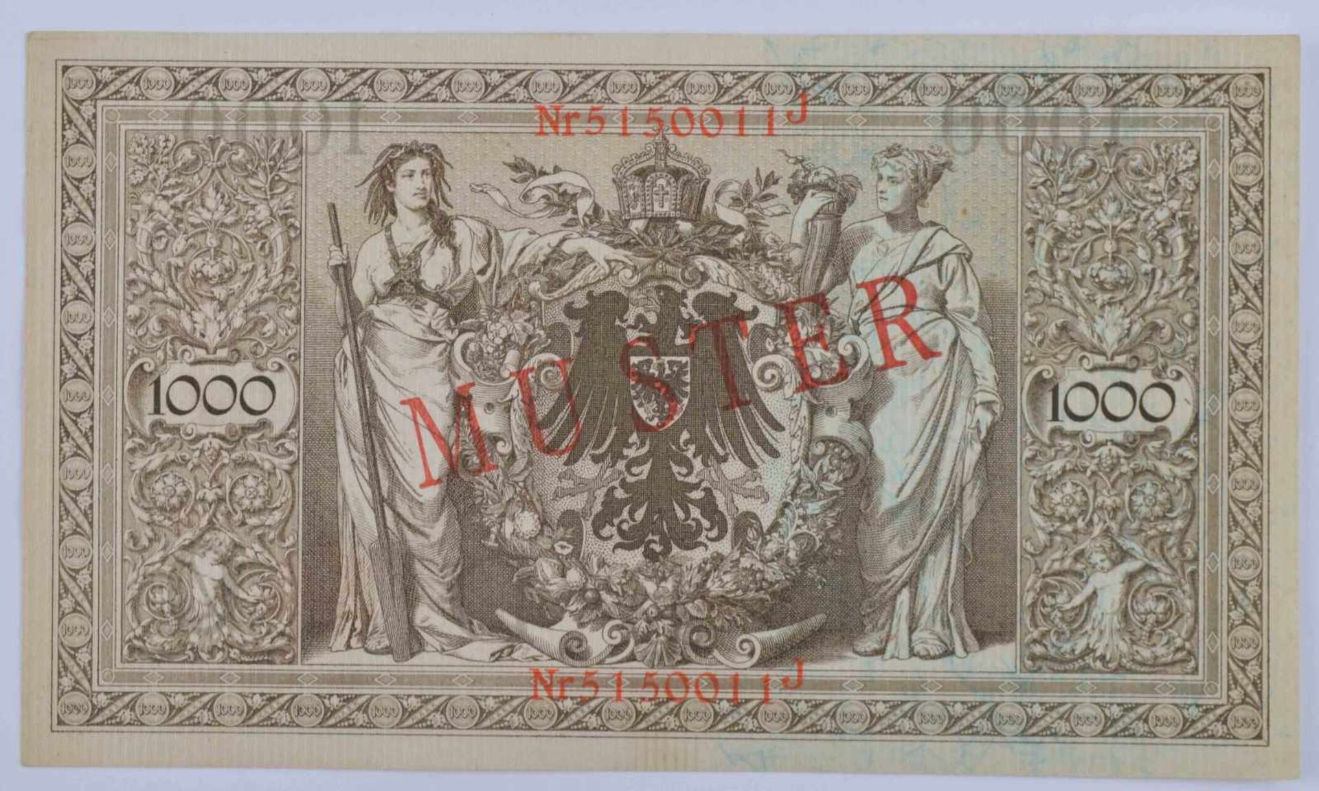 Deutschland, Reichsbanknote 1000 Mark 21.04.1910mit diagonalem roten Aufdruck-Muster auf Vorder- und - Bild 2 aus 2