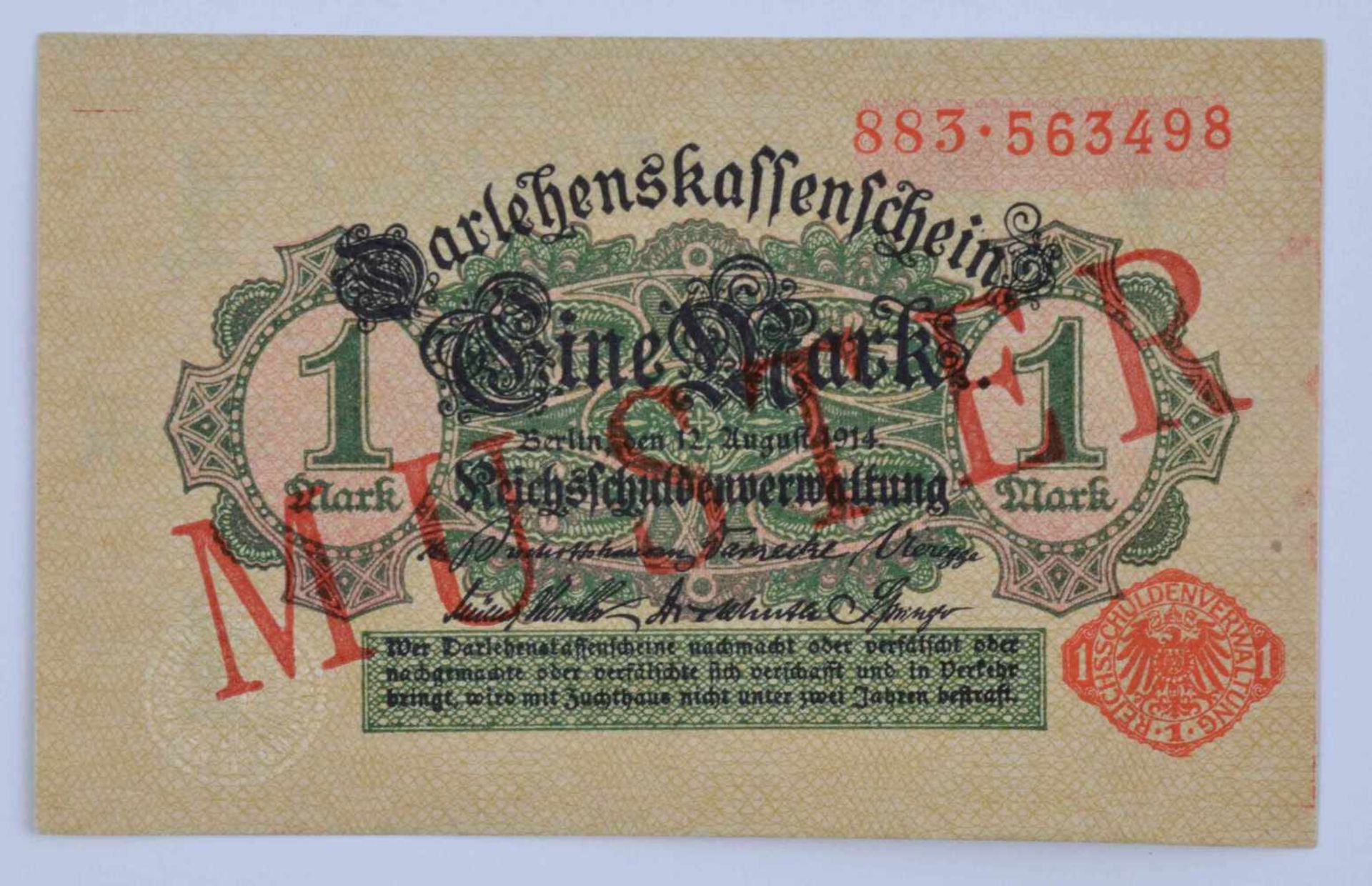 Deutschland, 1 Mark 12.08.1914Darlehenskassenschein, rotes Siegel, mit diagonalem roten Aufdruck-