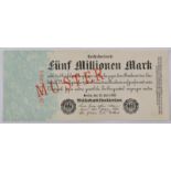 Deutschland, 5 Millionen Mark 25.07.1923Reichsbanknote, mit diagonalem roten Aufdruck-Muster auf