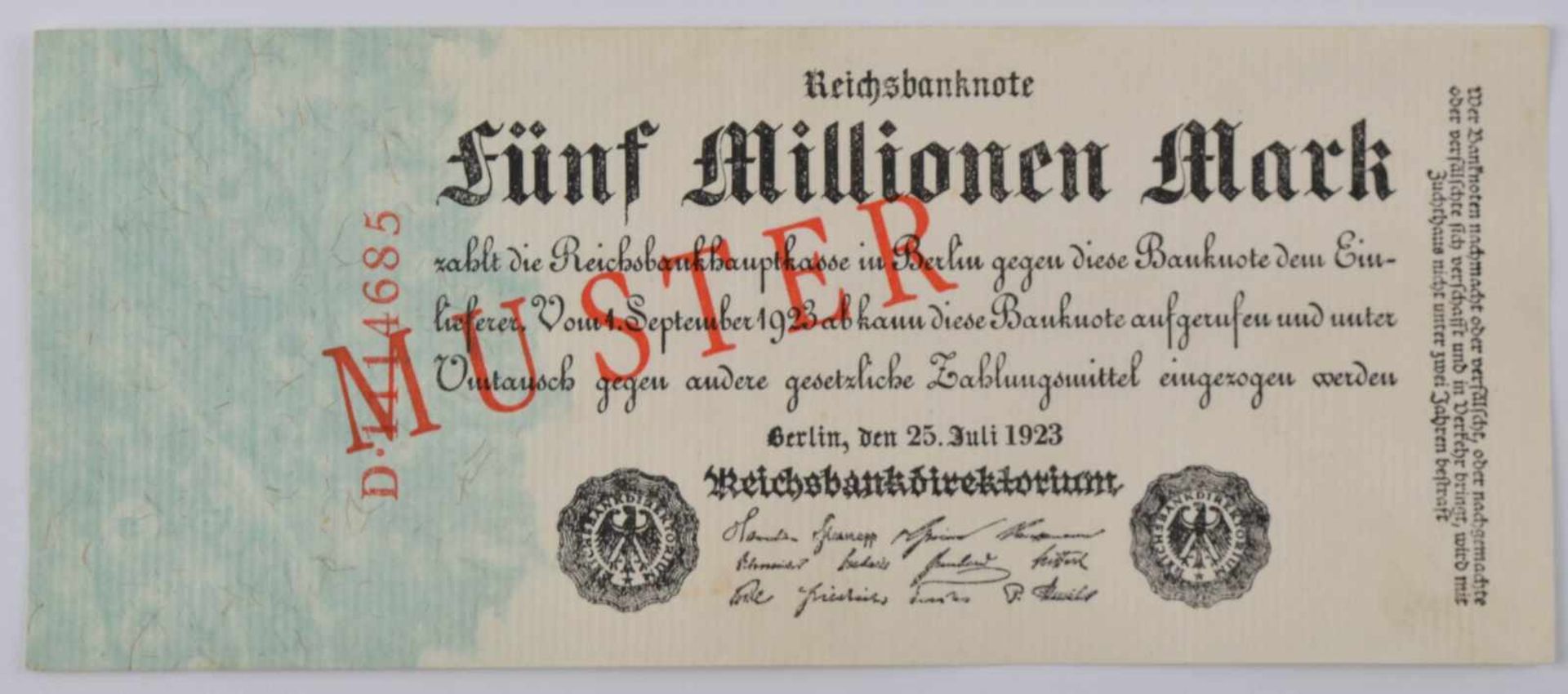 Deutschland, 5 Millionen Mark 25.07.1923Reichsbanknote, mit diagonalem roten Aufdruck-Muster auf