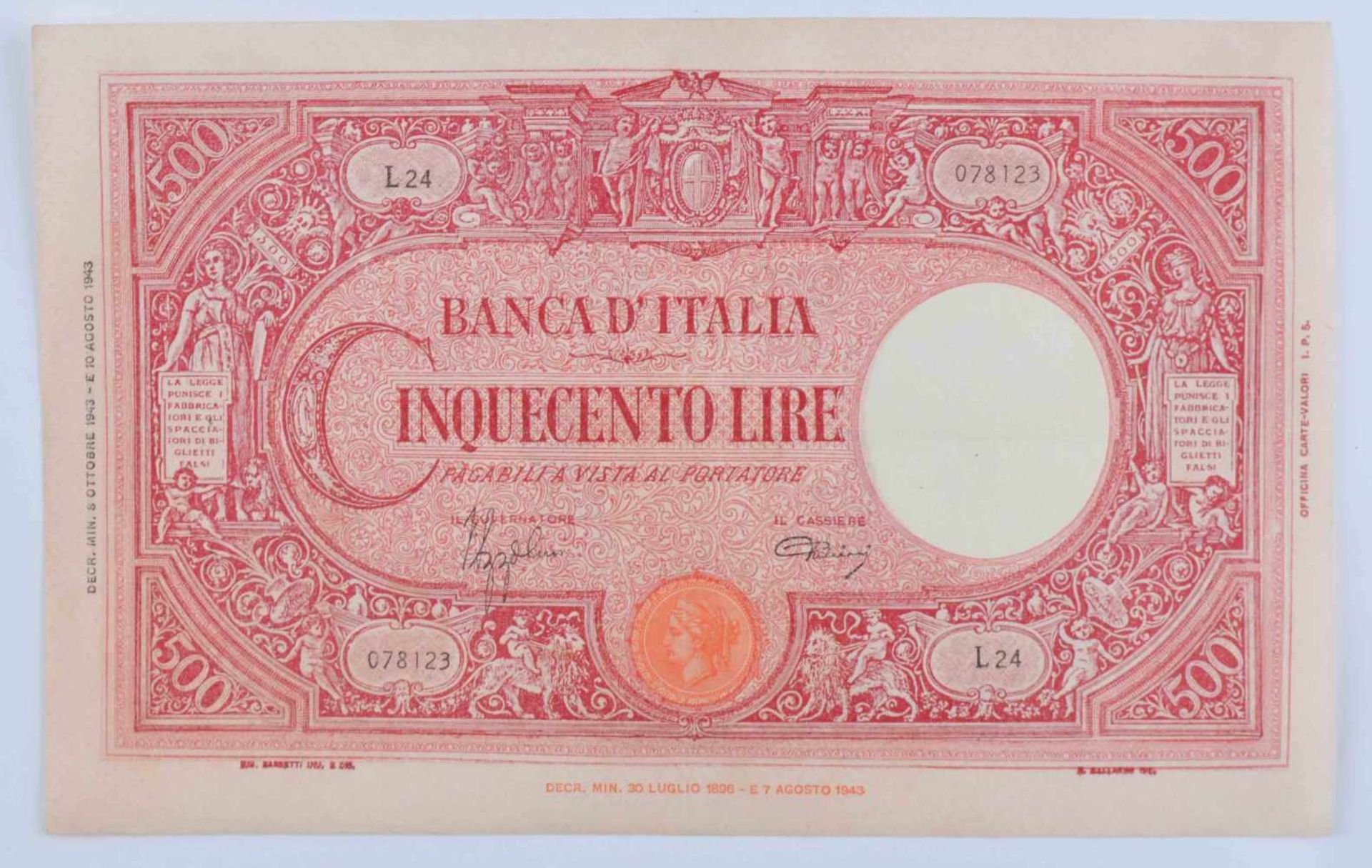 Banknote Italien 500 Lire, 08.11.1943Pick 70 / Grabowski IT 6 b, Erhaltung IIBanknote Italy 500