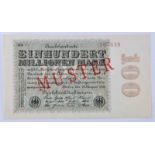 Deutschland, 100 Mio Mark 22.08.1923Reichsbanknote, mit diagonalem roten Aufdruck-Muster auf