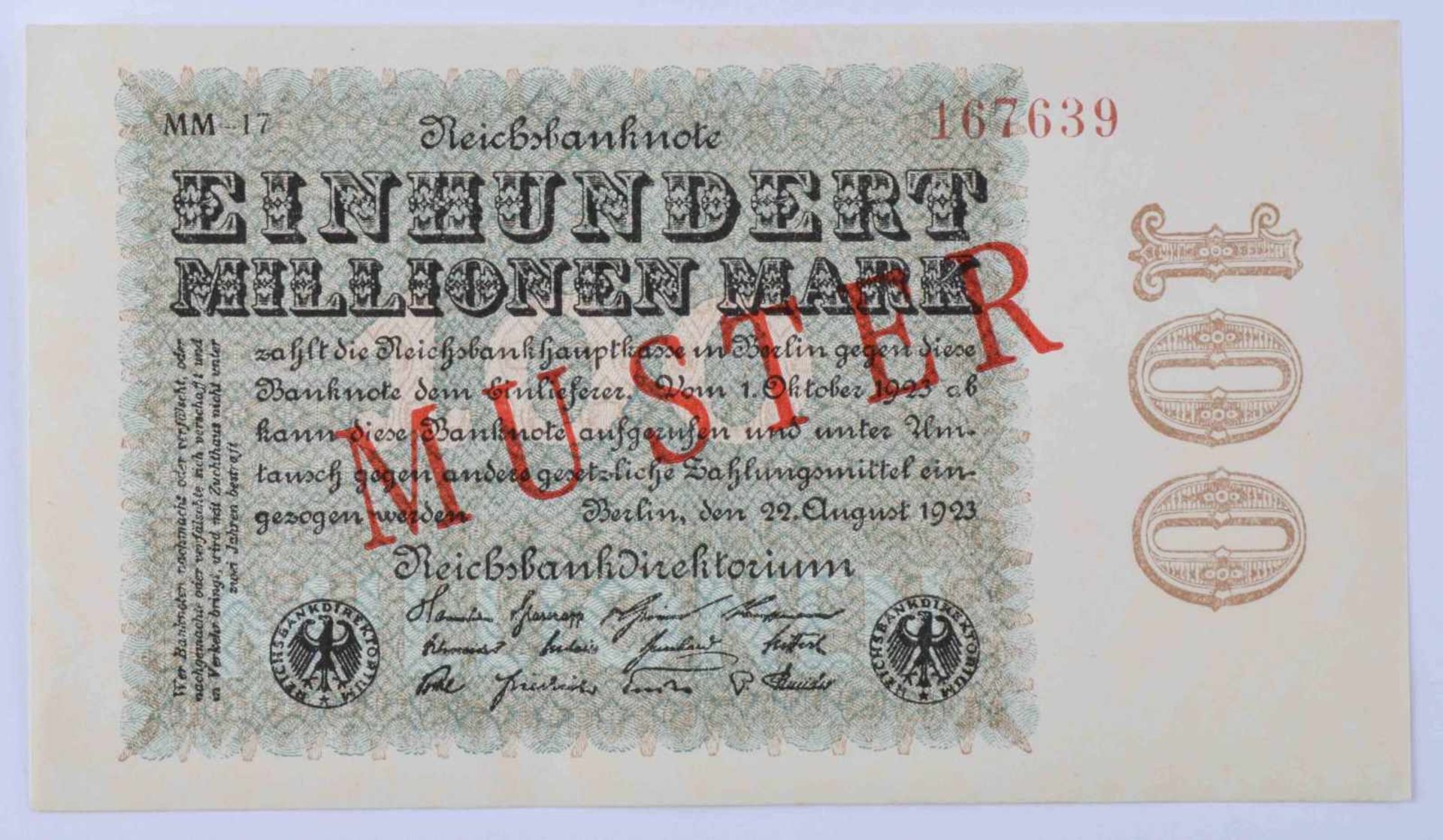 Deutschland, 100 Mio Mark 22.08.1923Reichsbanknote, mit diagonalem roten Aufdruck-Muster auf