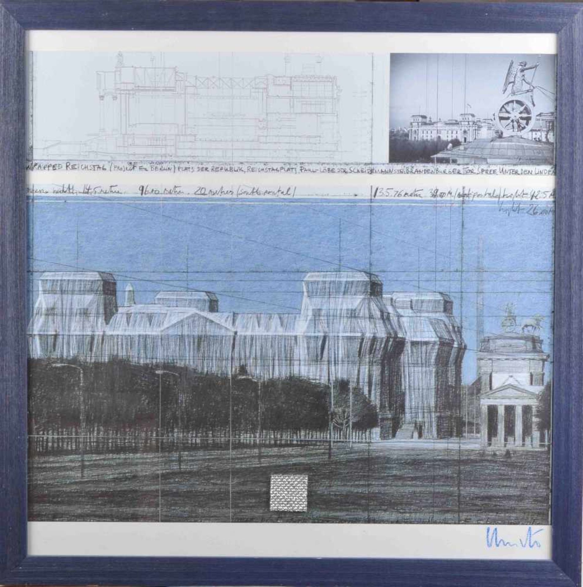 CHRISTO (1935)"Wrapped Reichstag, Project for Berlin"Grafik mit Stoffstück, 69 cm x 69 cm,rechts