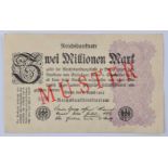 Deutschland, 2 Millionen Mark 09.08.1923Reichsbanknote, mit diagonalem roten Aufdruck-Muster auf