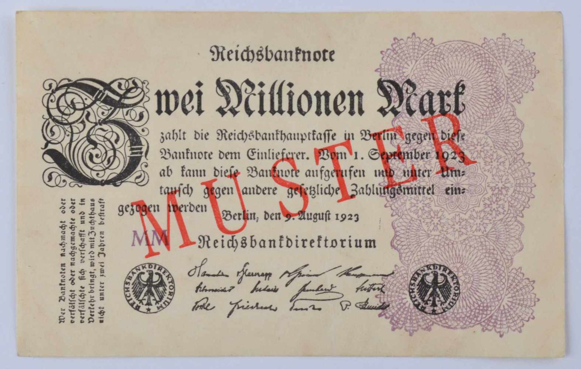 Deutschland, 2 Millionen Mark 09.08.1923Reichsbanknote, mit diagonalem roten Aufdruck-Muster auf