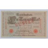 Deutschland, Reichsbanknote 1000 Mark 21.04.1910mit diagonalem roten Aufdruck-Muster auf Vorder- und