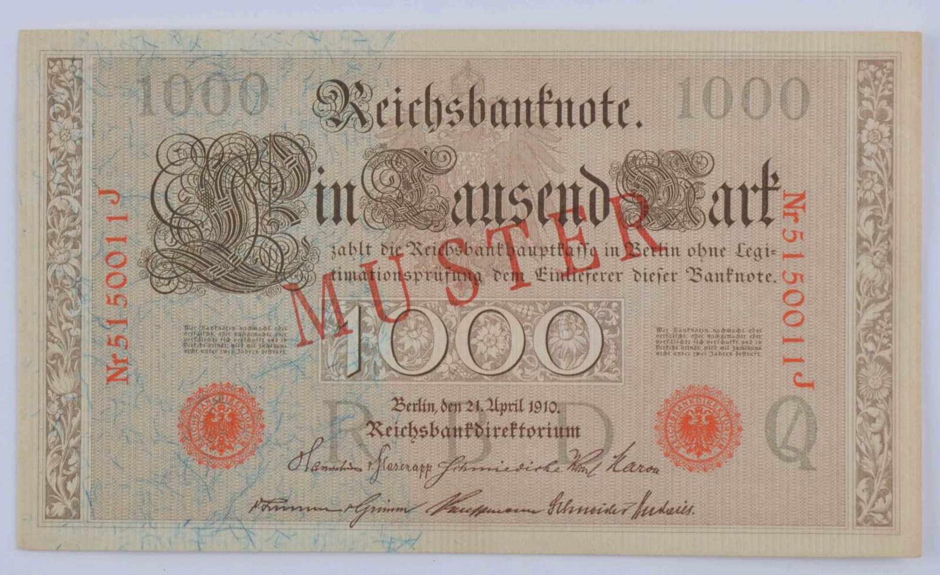 Deutschland, Reichsbanknote 1000 Mark 21.04.1910mit diagonalem roten Aufdruck-Muster auf Vorder- und