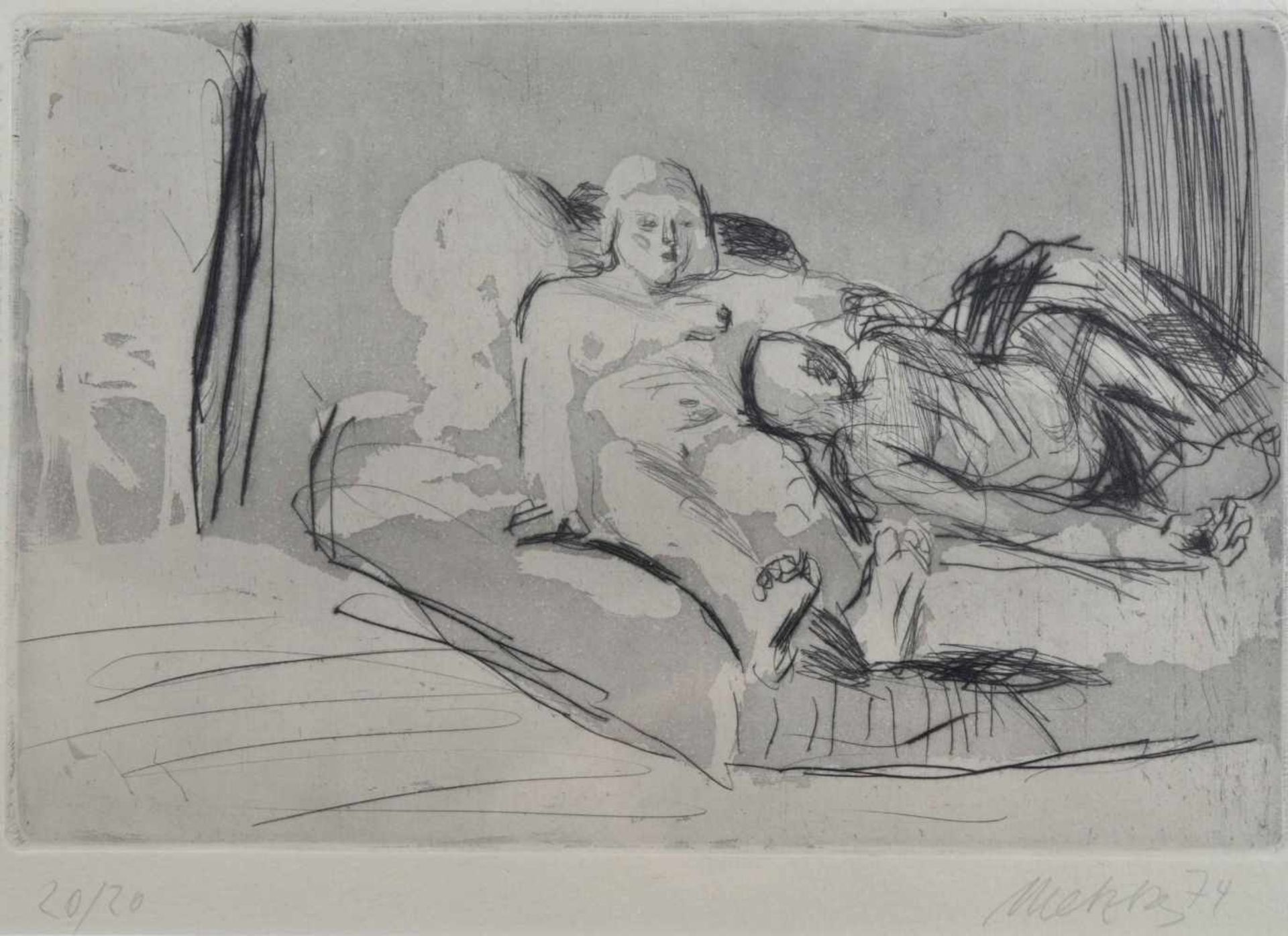 Harald METZKES (1929)"Paar auf dem Bett"Aquatintaradierung auf Bütten, Sichtmaß:19 cm x 31 cm,