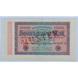 Deutschland, 20000 Mark 20.02.1923Reichsbanknote, mit diagonalem roten Aufdruck-Muster auf Vorder-