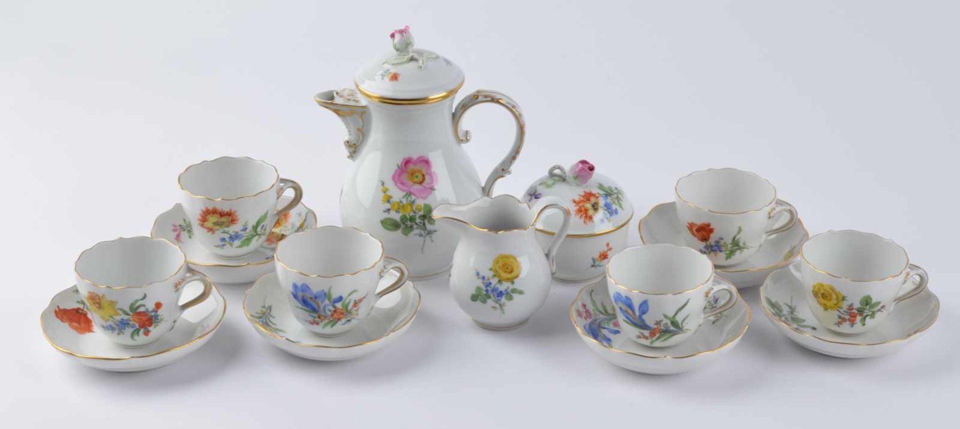 Mocca-Service Meissen15 tlg, Deutsche Blume, 6 Tassen, 6 Untertassen, Kaffeekanne, 1 - Image 2 of 6