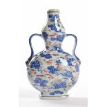 Doppelkürbis-Vase China 19. / 20.Jhd.sehr fein farbig und goldstaffiert mit Kranichdekor, unterm