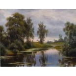 Iosif Evstaf'evic KRACKOVSKIJ (1854-1914)"Sommerlandschaft mit Fluss"Gemälde Öl/Holz, 30,3 cm x 40,3