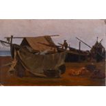 Vladimir Donatovich ORLOVSKII (1842-1914)"Fischerboote am Fluß"Gemälde Öl/Leinwand-Karton, 23 cm x