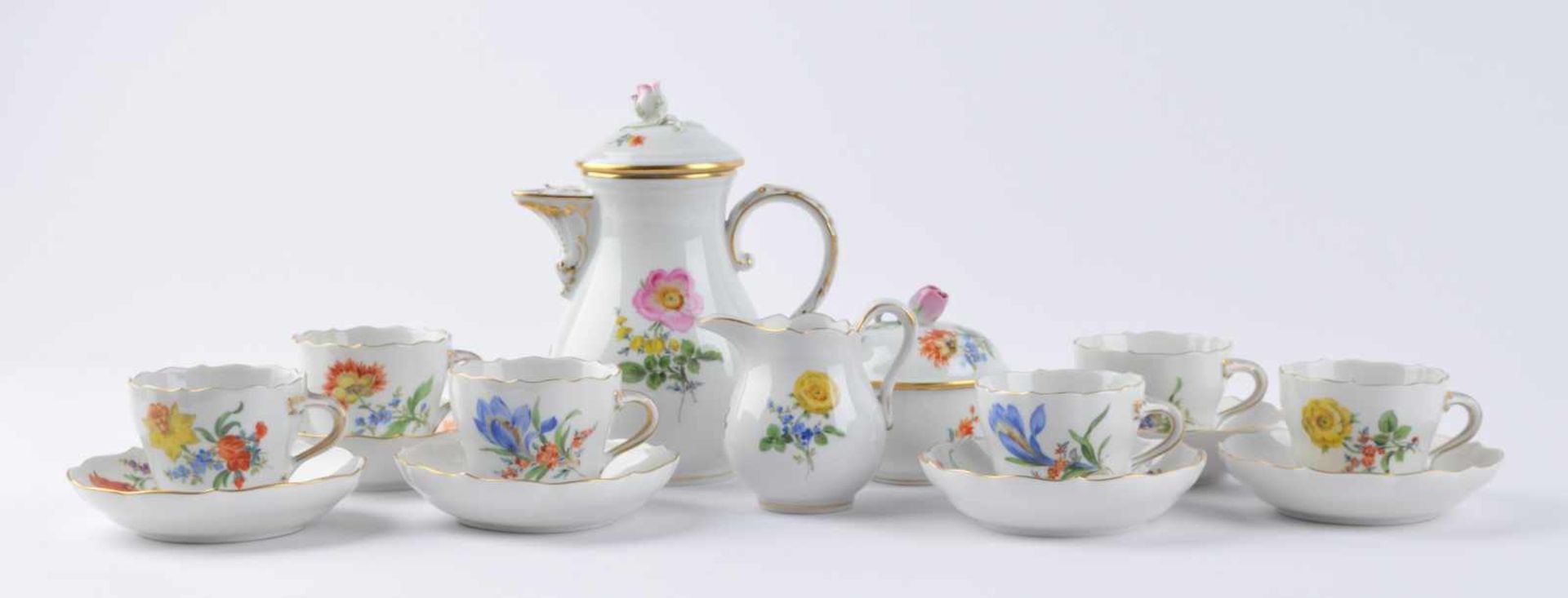 Mocca-Service Meissen15 tlg, Deutsche Blume, 6 Tassen, 6 Untertassen, Kaffeekanne, 1