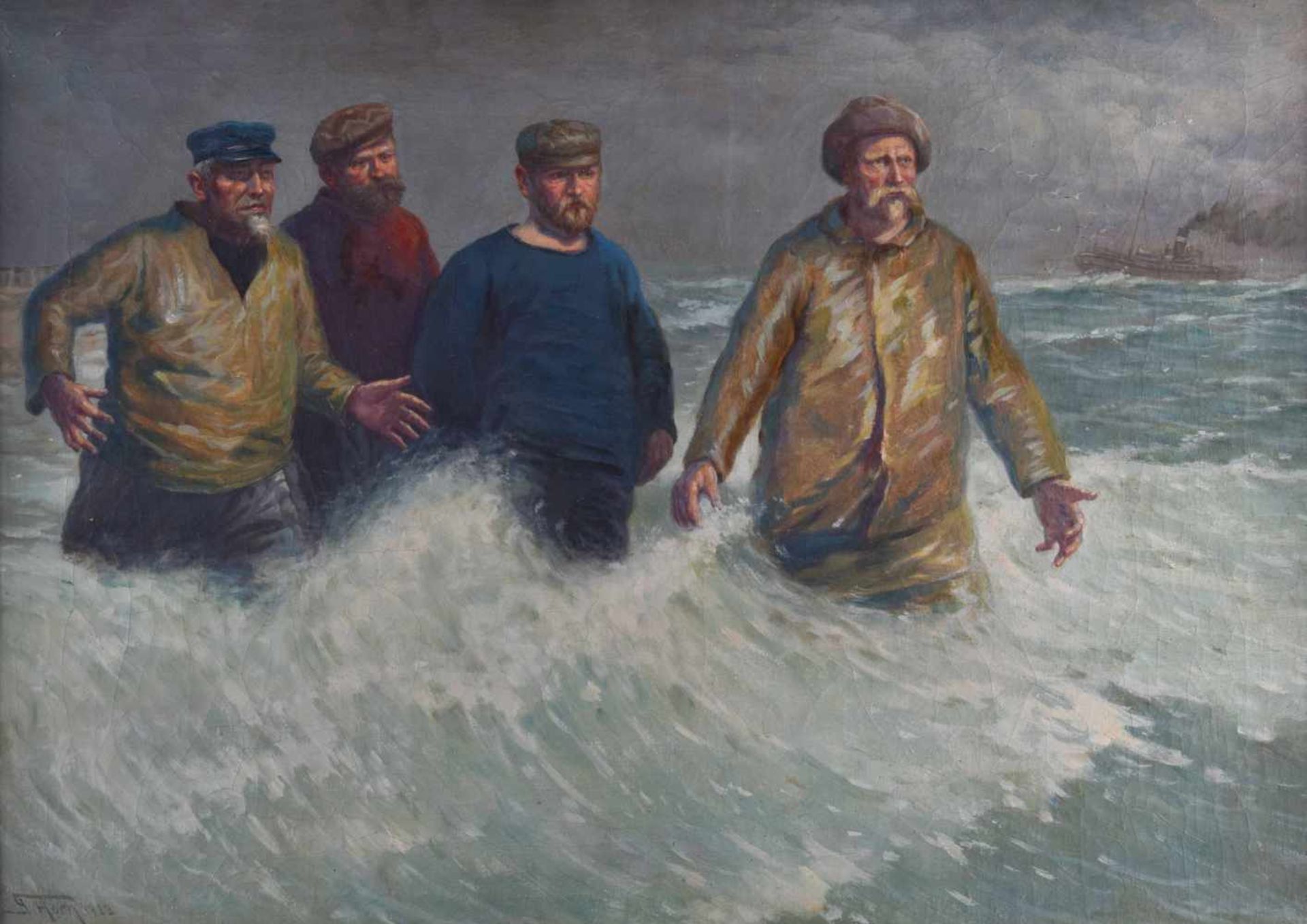 G.HORN 20. Jhd."Helgoländer Fischer auf Boot wartend"Gemälde Öl/Leinwand, 50,5 cm x 70,5 cm,links