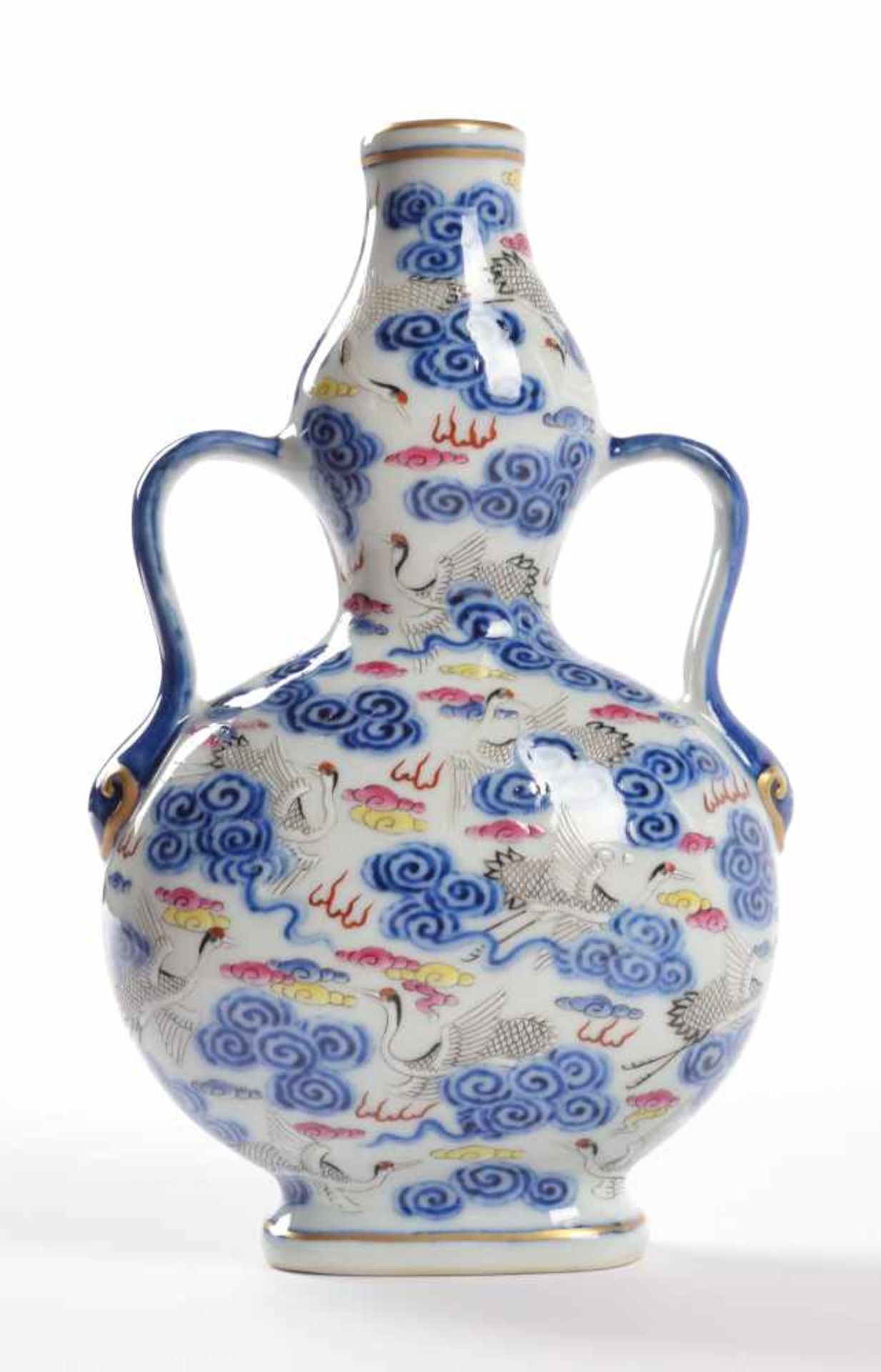 Doppelkürbis-Vase China 19. / 20.Jhd.sehr fein farbig und goldstaffiert mit Kranichdekor, unterm